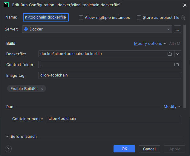 CLion Docker Modify Run Configuration